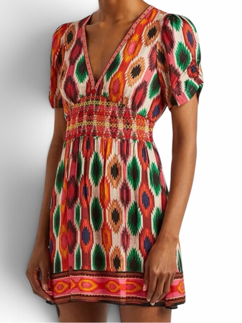 Alice + Olivia "Tatiana" Multicolor Ikat Print V-Neck Smocked Waist Mini Dress